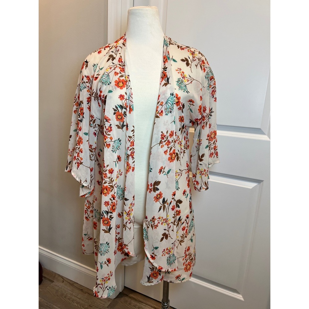 Lara Fashion Womens Kimono Cardigan Floral Print Chiffon Cream S/M